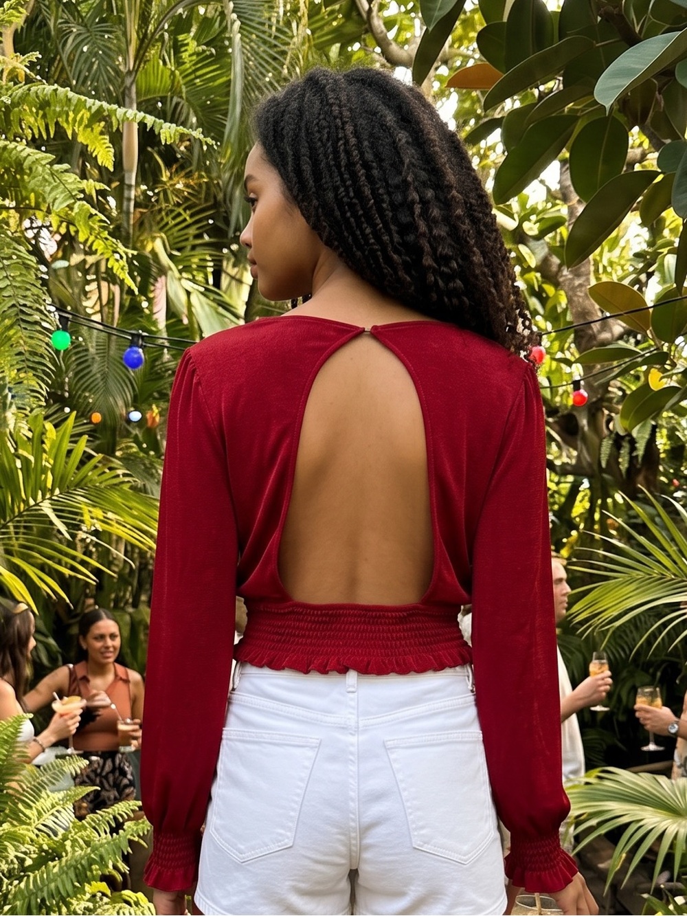 Urban Romantics Top Red Open Back Cropped Long Sleeve Top Smocked Waist Large